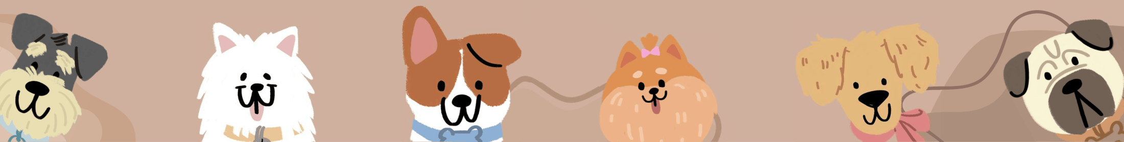 An illustration of six different happy looking dogs.
