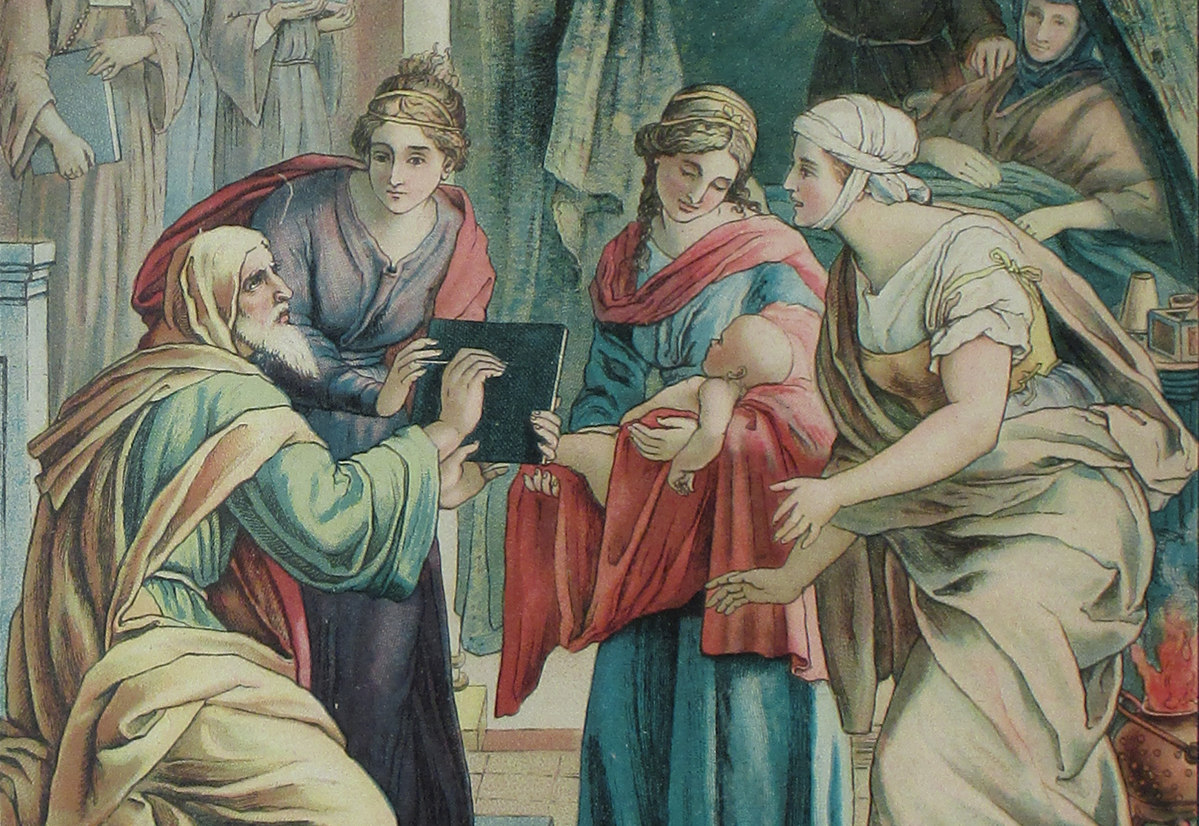 A cropped portion of the painting "The Birth of John the Baptist" by Julius Schnorr von Carolsfeld.